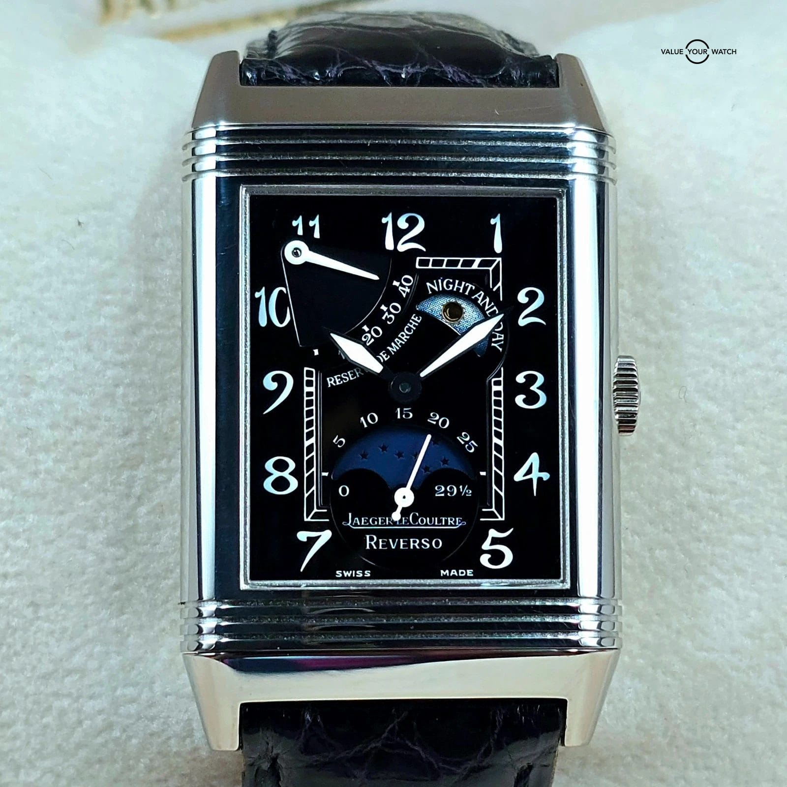 Jaeger LeCoultre Reverso in 18k White Gold, Night and Day Moonphase Black Dial
