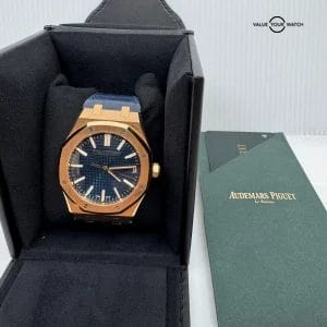 2023 PAPERS 18k Rose Gold Blue Dial 41mm Leather Strap Royal Oak Selfwinding
