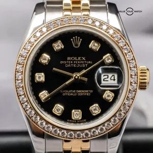 Rolex Lady Datejust 26 mm FACTORY Diamond Bezel & Black Diamond Bracelet 179383