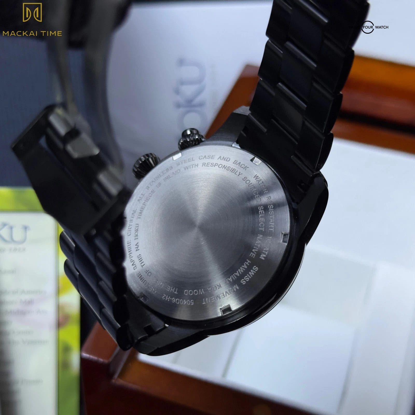 Na Hoku Black Chronograph Rare Hawaiian Koa Wood Dial Complete Set - Steel Watch - Image 2