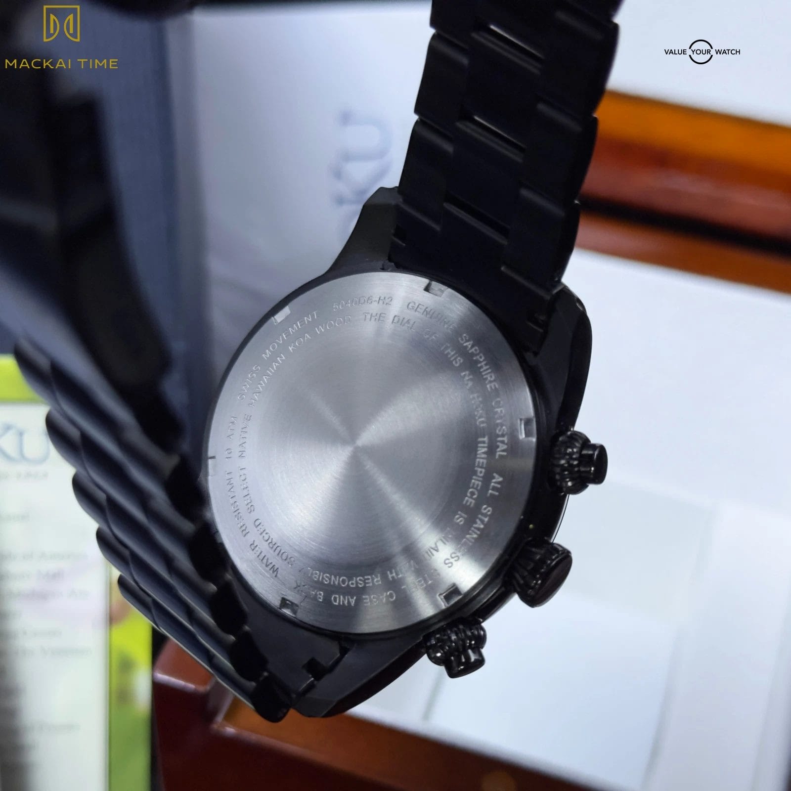 Na Hoku Black Chronograph Rare Hawaiian Koa Wood Dial Complete Set - Steel Watch - Image 3