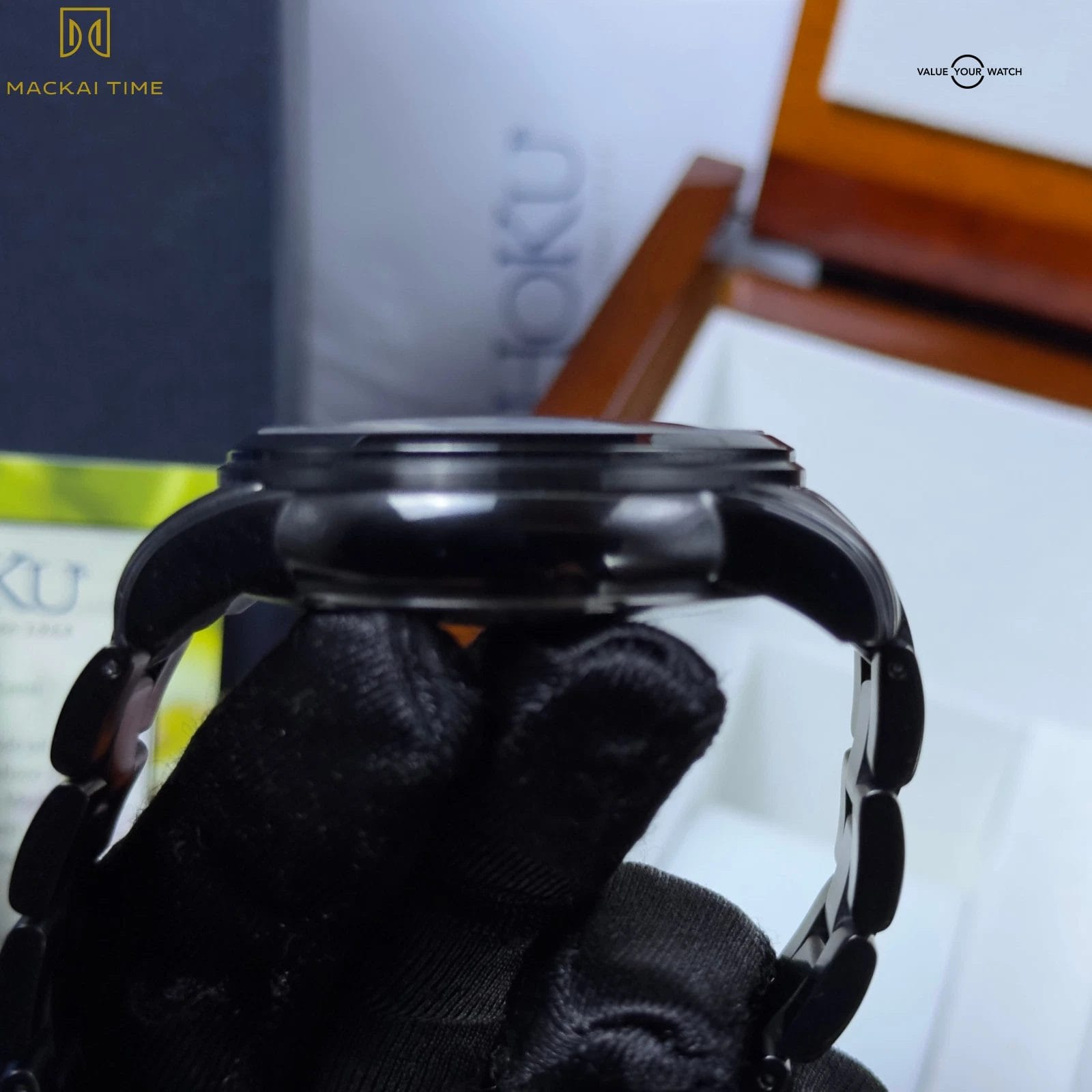 Na Hoku Black Chronograph Rare Hawaiian Koa Wood Dial Complete Set - Steel Watch - Image 9