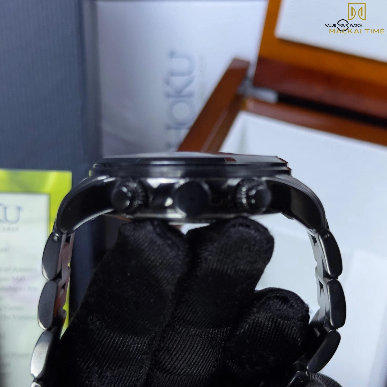 Na Hoku Black Chronograph Rare Hawaiian Koa Wood Dial Complete Set - Steel Watch - Image 10