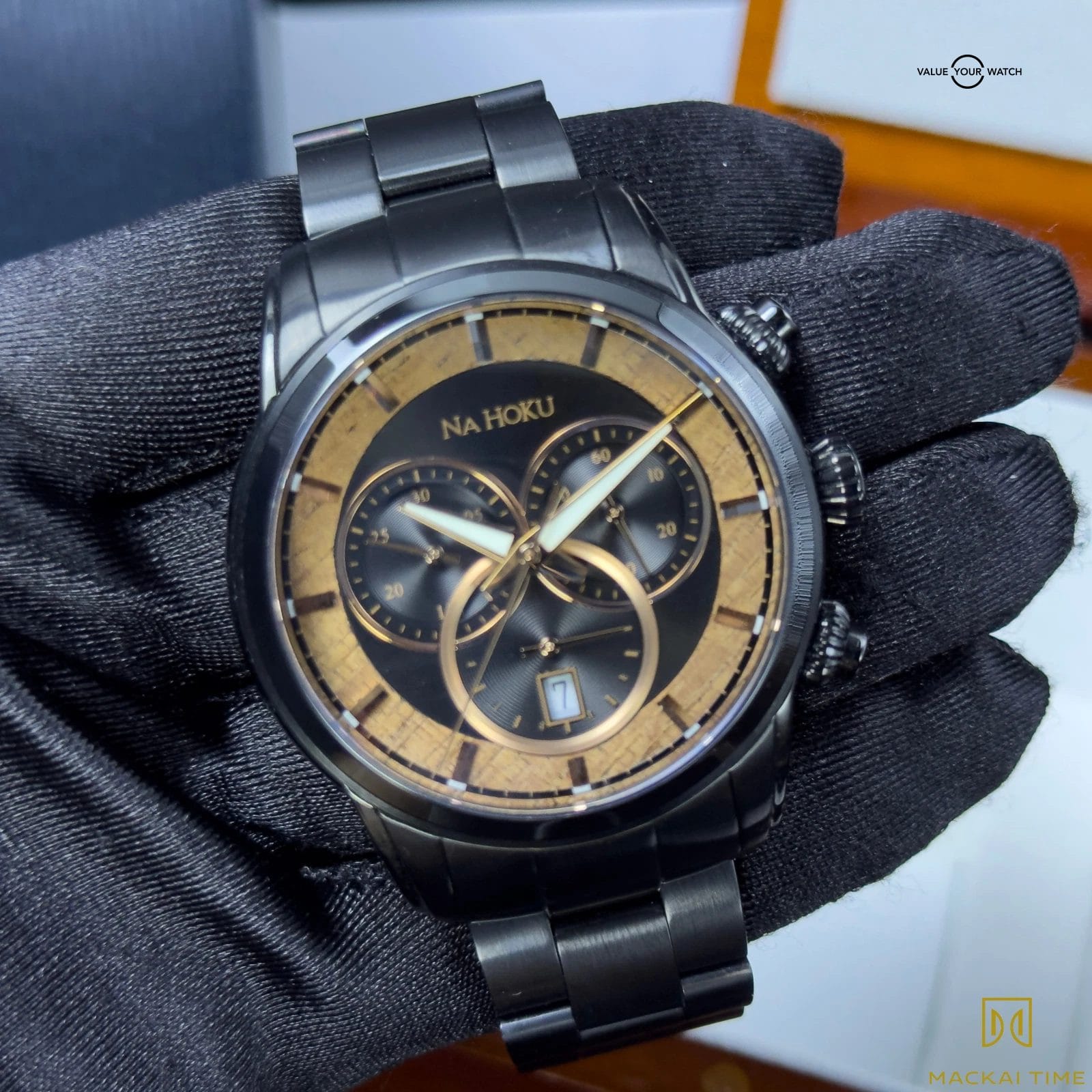 Na Hoku Black Chronograph Rare Hawaiian Koa Wood Dial Complete Set - Steel Watch - Image 11