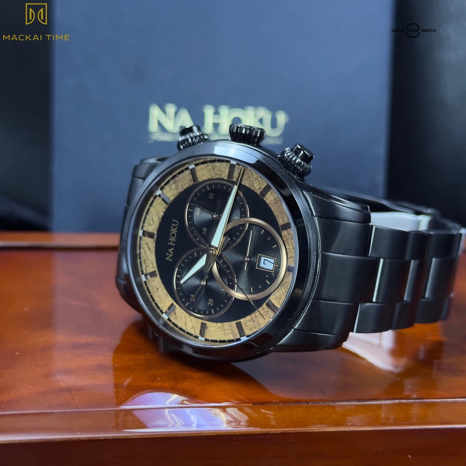 Na Hoku Black Chronograph Rare Hawaiian Koa Wood Dial Complete Set - Steel Watch - Image 13