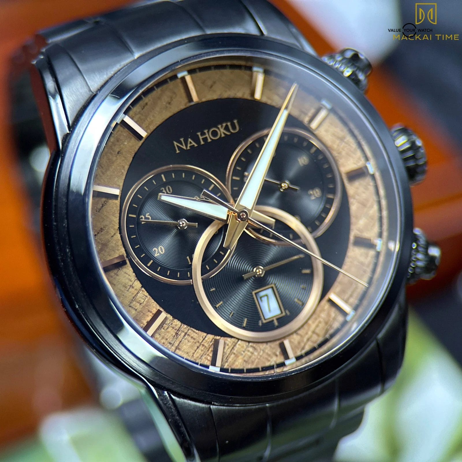 Na Hoku Black Chronograph Rare Hawaiian Koa Wood Dial Complete Set - Steel Watch - Image 16