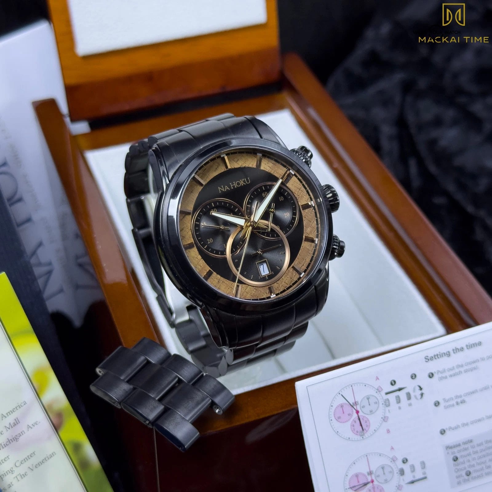Na Hoku Black Chronograph Rare Hawaiian Koa Wood Dial Complete Set - Steel Watch - Image 14