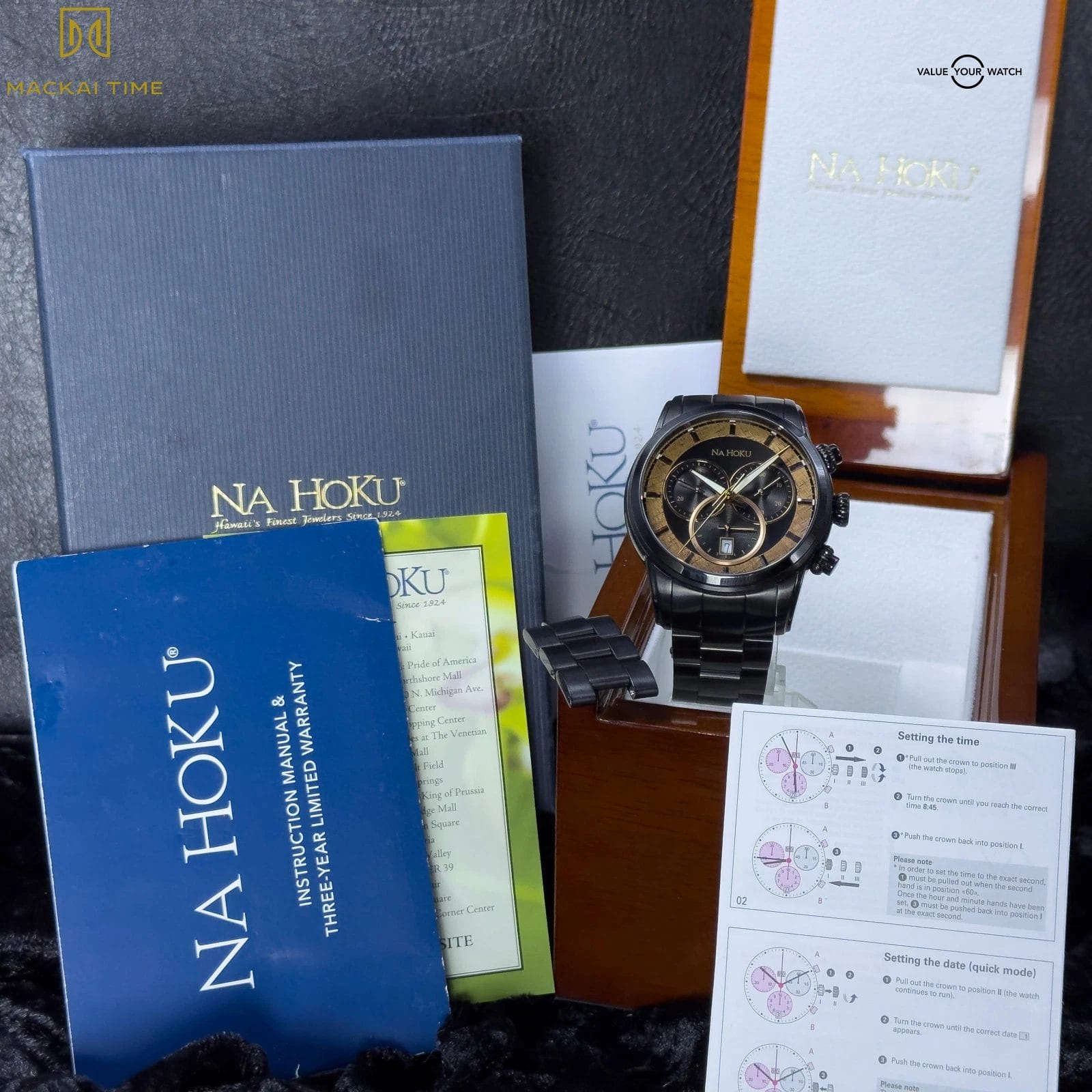 Na Hoku Black Chronograph Rare Hawaiian Koa Wood Dial Complete Set - Steel Watch - Image 15