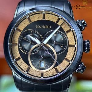 Na Hoku Black Chronograph Rare Hawaiian Koa Wood Dial Complete Set – Steel Watch