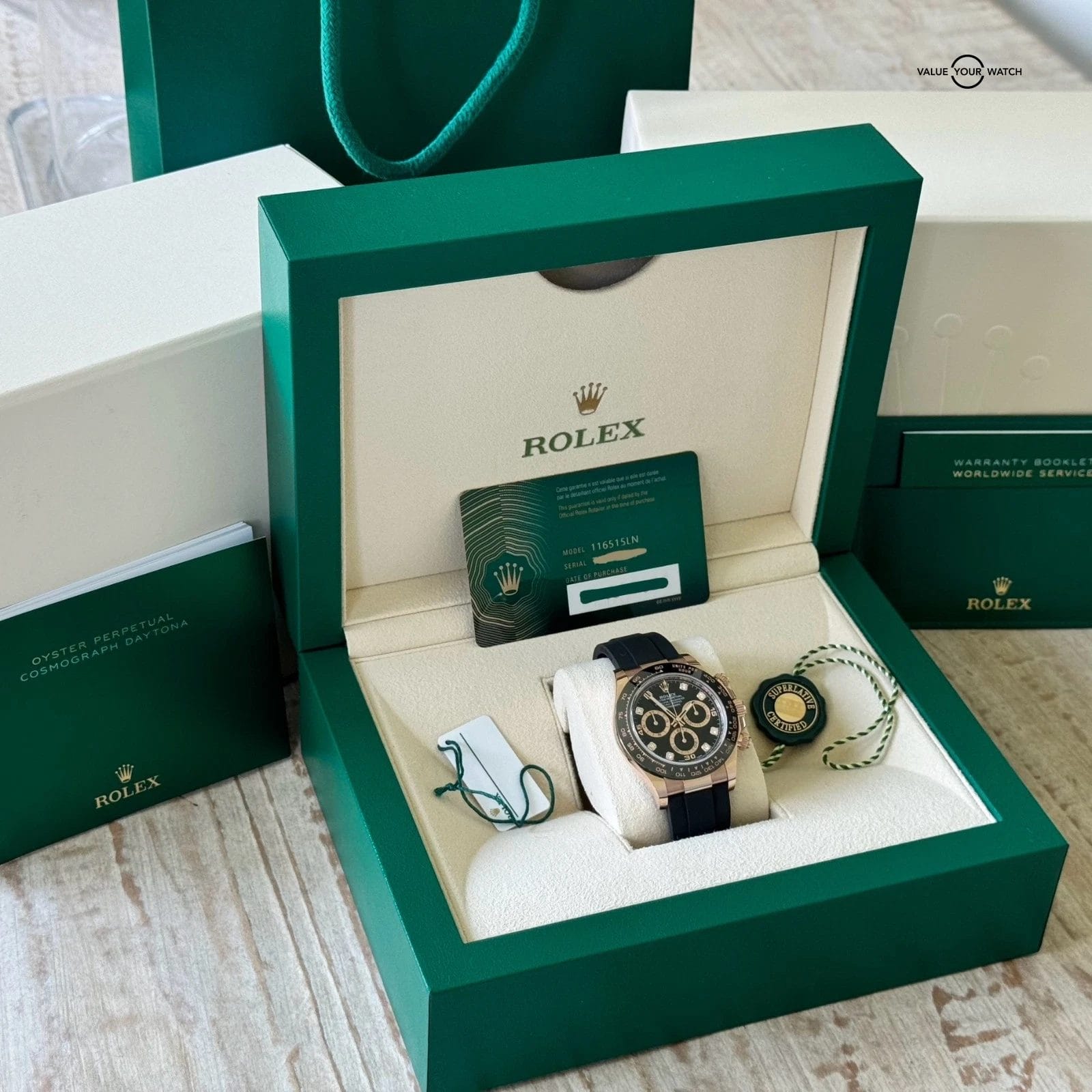 Rolex Rose Gold Black Diamond Dial Cosmograph Daytona Full Set - 116515LN - Image 9