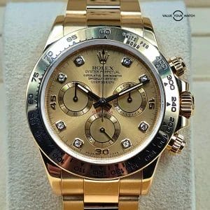 Rolex Daytona in 18k yellow gold, champagne Diamond dial Full set 2018!