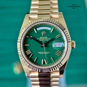 2025 Rolex Day Date 40mm Yellow Gold with Money Green Dial – Collectors Full Set