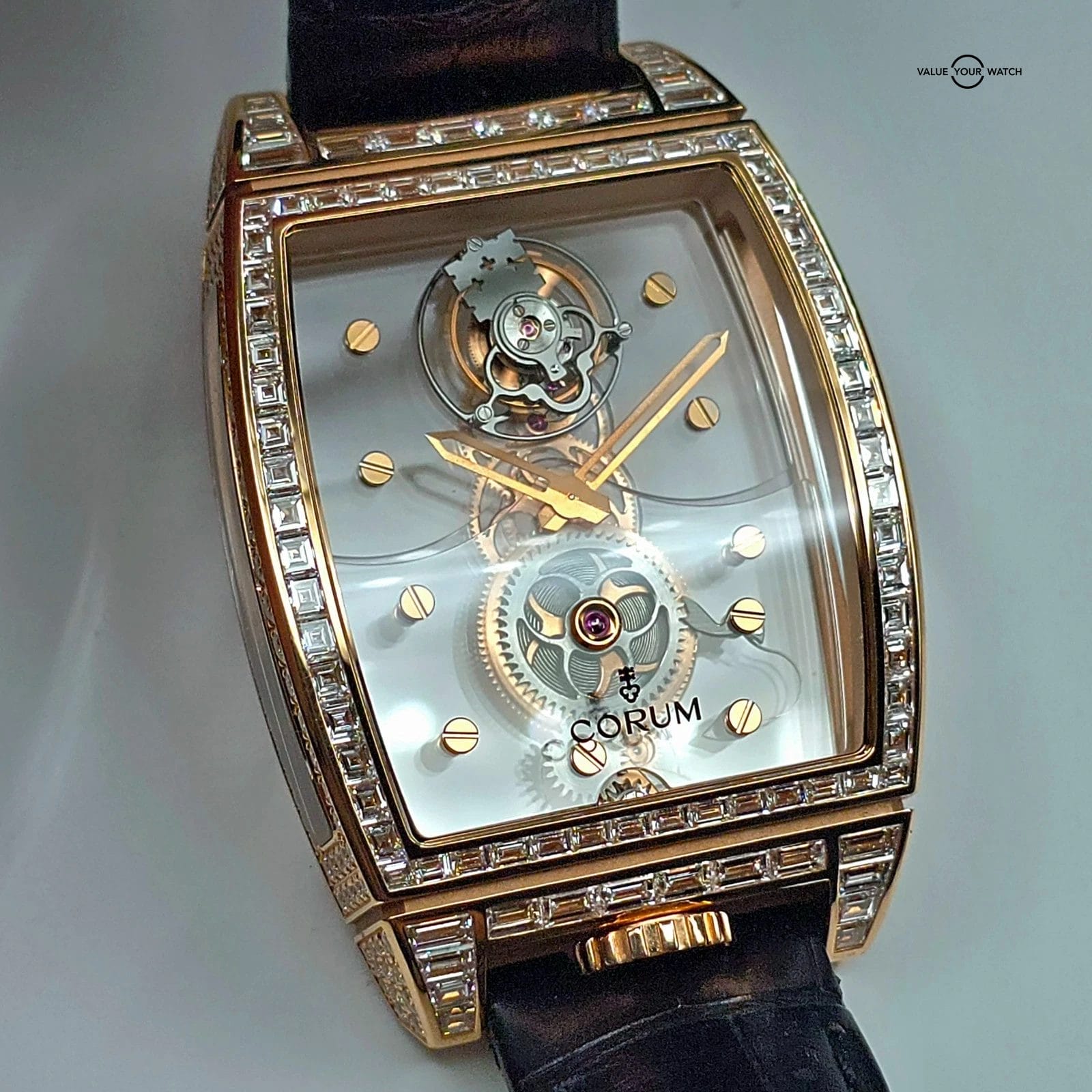 Corum Golden Bridge Tourbillon, 18k gold Factory Baguette Diamonds, 5 piece run!