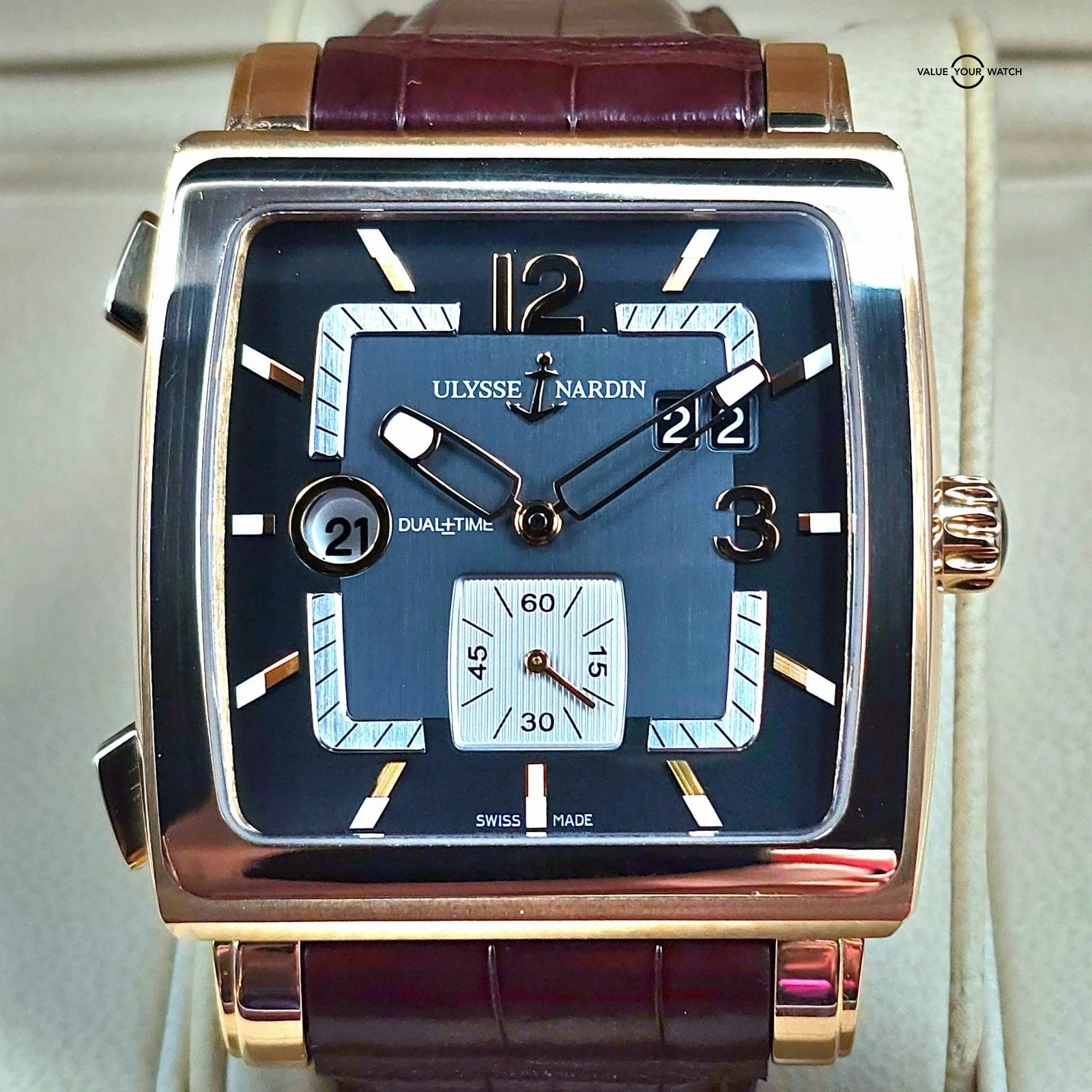 Ulysse Nardin Quadrato Dual Time in 42mm 18k rose gold! Full set Ref. 246-92