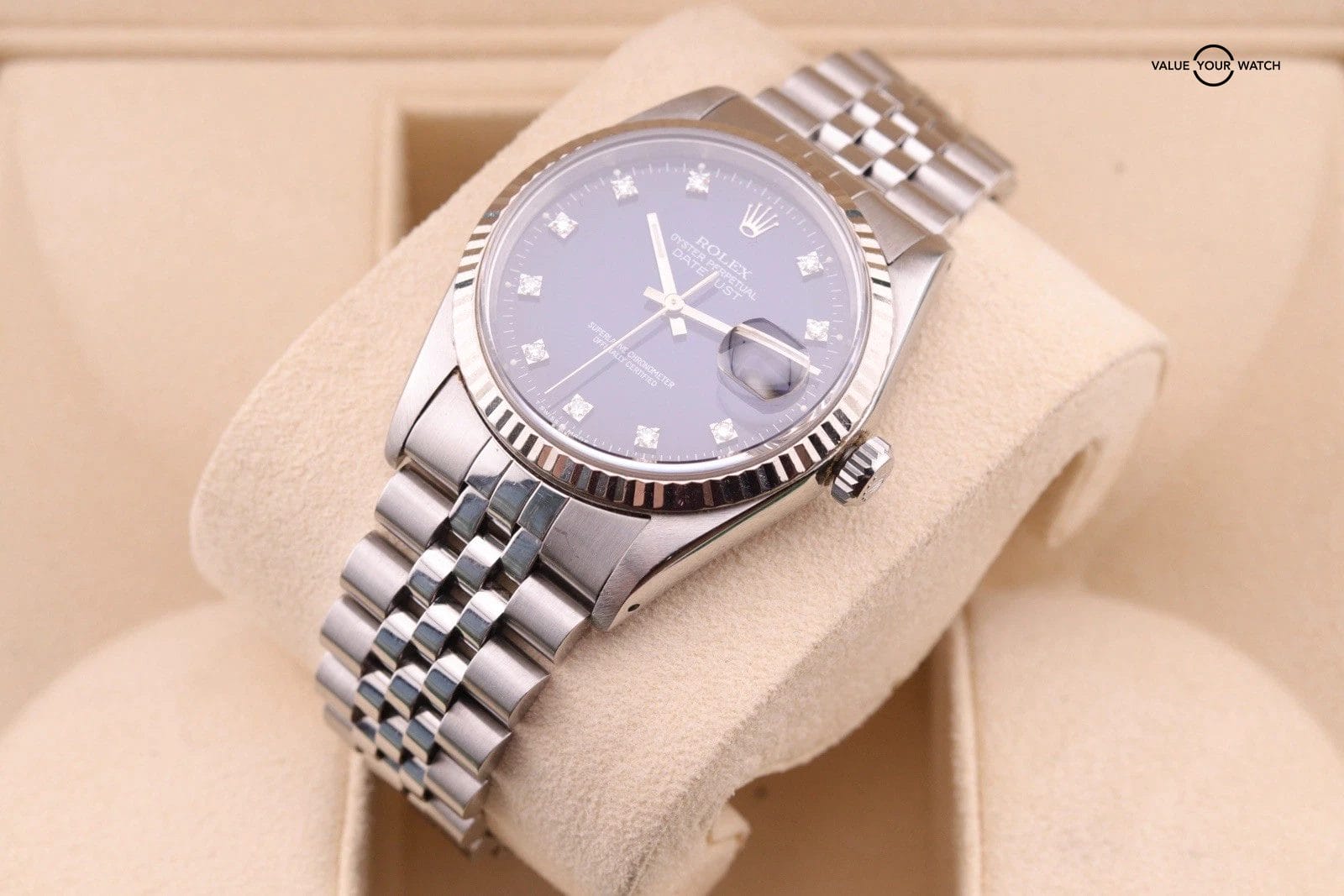 ROLEX DATEJUST 16234 BLUE DIAMOND Vignette DIAL 18K WHITE GOLD STAINLESS STEEL - Image 14
