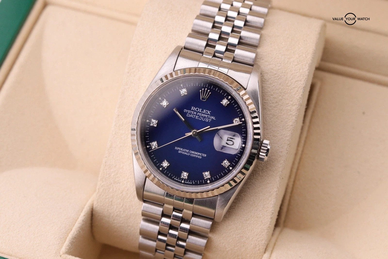 ROLEX DATEJUST 16234 BLUE DIAMOND Vignette DIAL 18K WHITE GOLD STAINLESS STEEL - Image 15