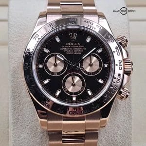 Rolex Daytona Black Dial in solid 18k rose gold, RSC Serviced in 2025!
