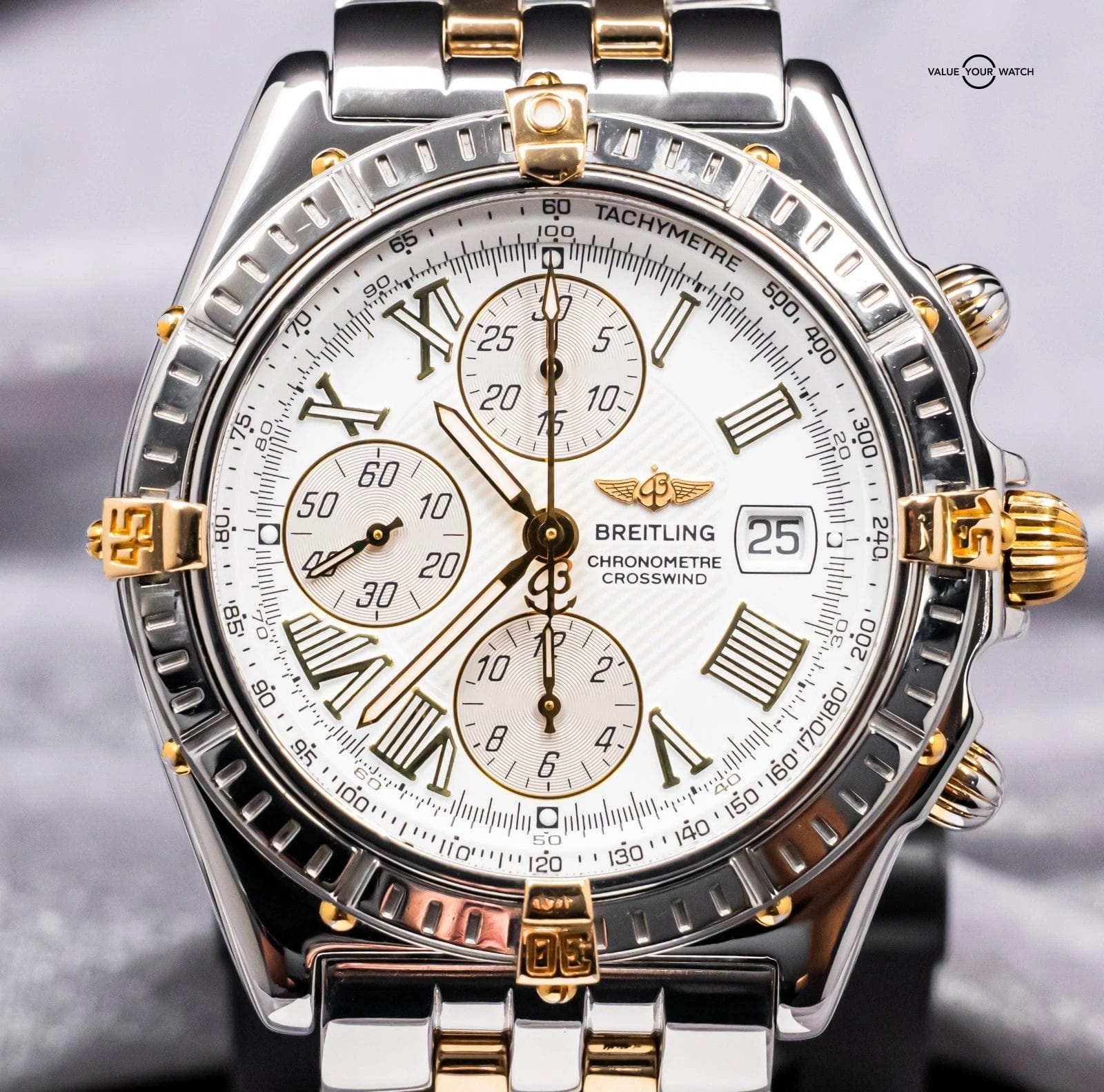 Breitling Crosswind 43mm Yellow Gold Windrider White Chronograph Automatic B1335