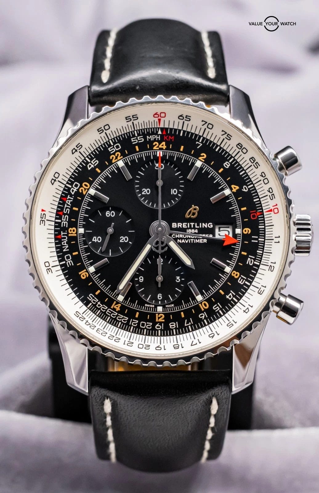 Breitling Navitimer Chronograph GMT 46 mm Box Papers World Black Dial Leather A2 - Image 3