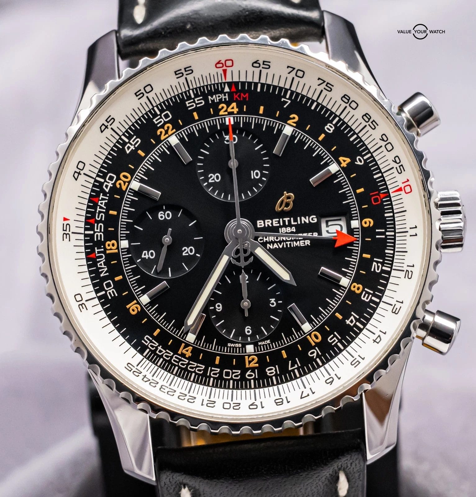 Breitling Navitimer Chronograph GMT 46 mm Box Papers World Black Dial Leather A2 - Image 4