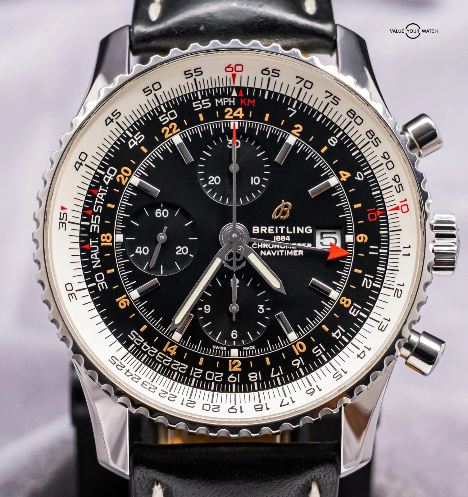 Breitling Navitimer Chronograph GMT 46 mm Box Papers World Black Dial Leather A2