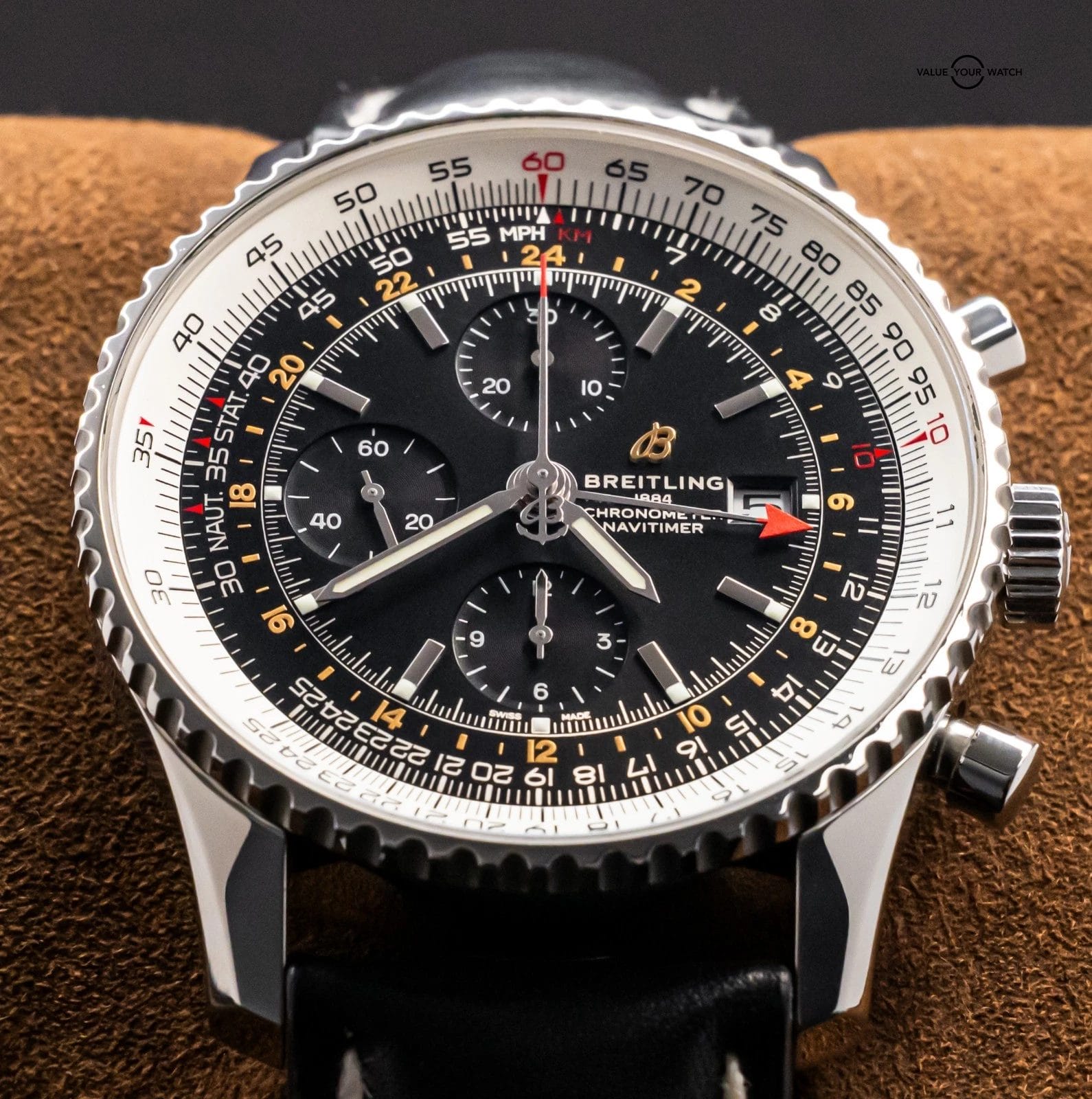 Breitling Navitimer Chronograph GMT 46 mm Box Papers World Black Dial Leather A2 - Image 10