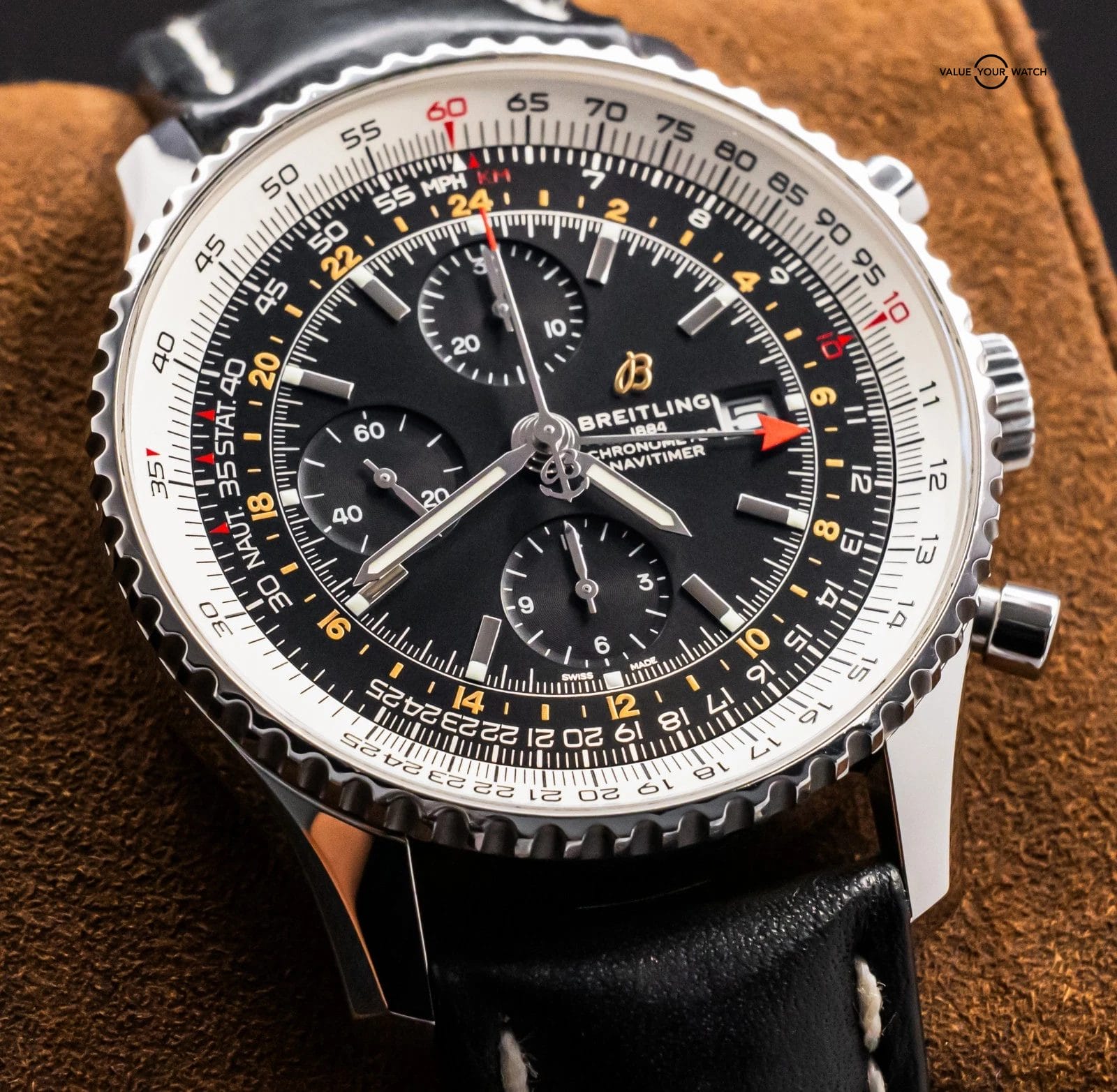 Breitling Navitimer Chronograph GMT 46 mm Box Papers World Black Dial Leather A2 - Image 18