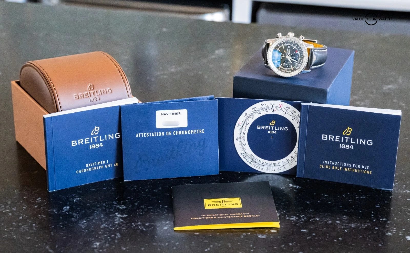 Breitling Navitimer Chronograph GMT 46 mm Box Papers World Black Dial Leather A2 - Image 20