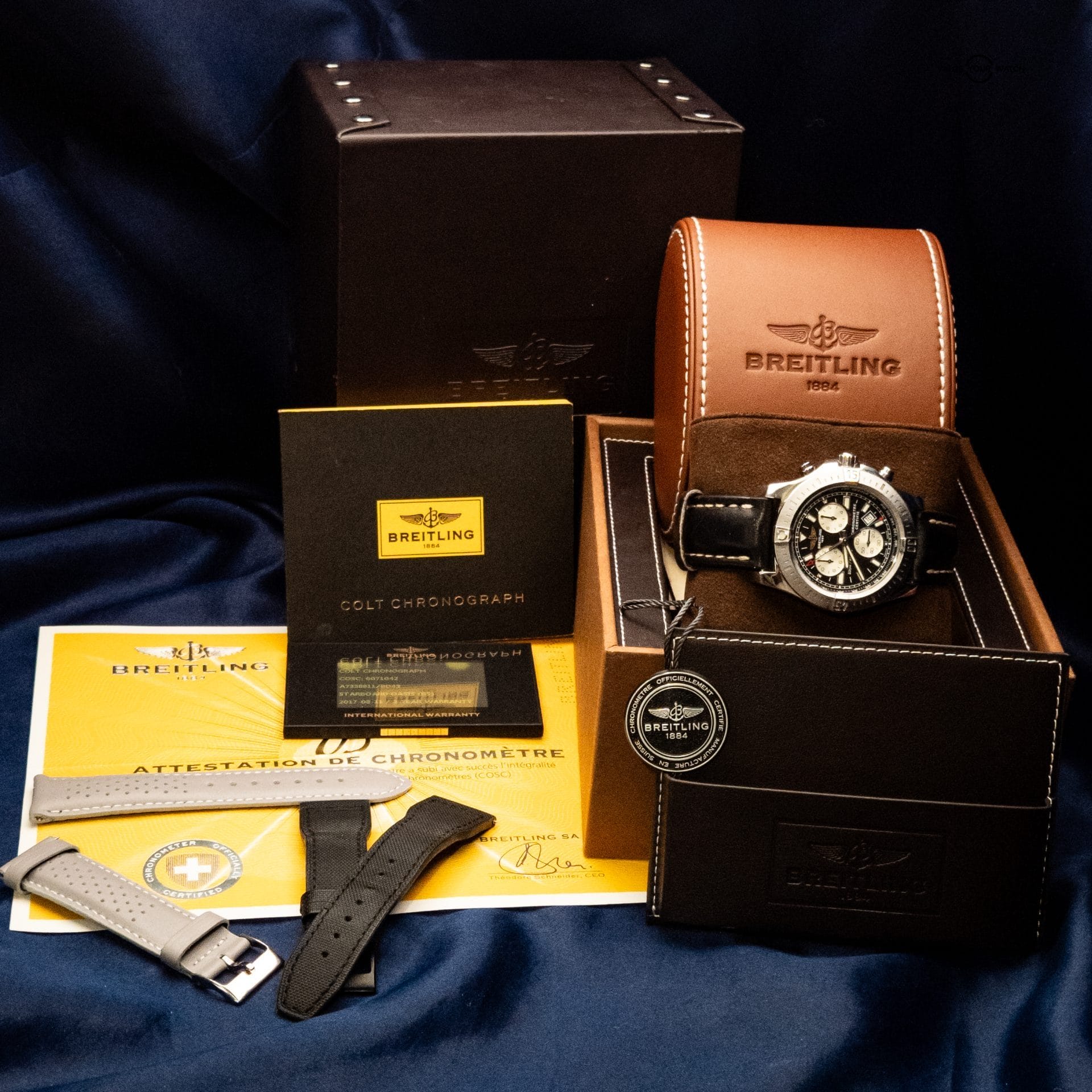 Breitling Colt Chronograph A73388 – 44mm Black Dial, Steel on Black Leather B&P + 2 Extra Straps - Image 2