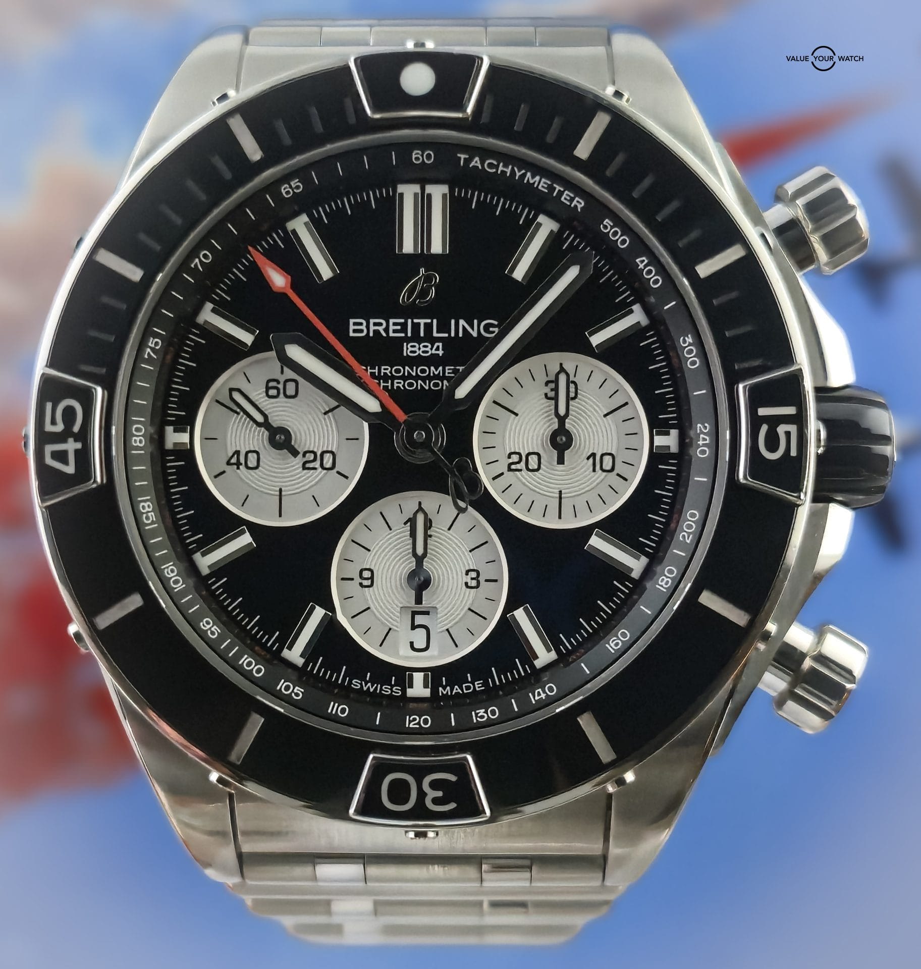 2021 BRIGHTLING Super Chronomat B01 44 Black Dial AB0136 on SS Rouleaux Bracelet w/ Box & Papers