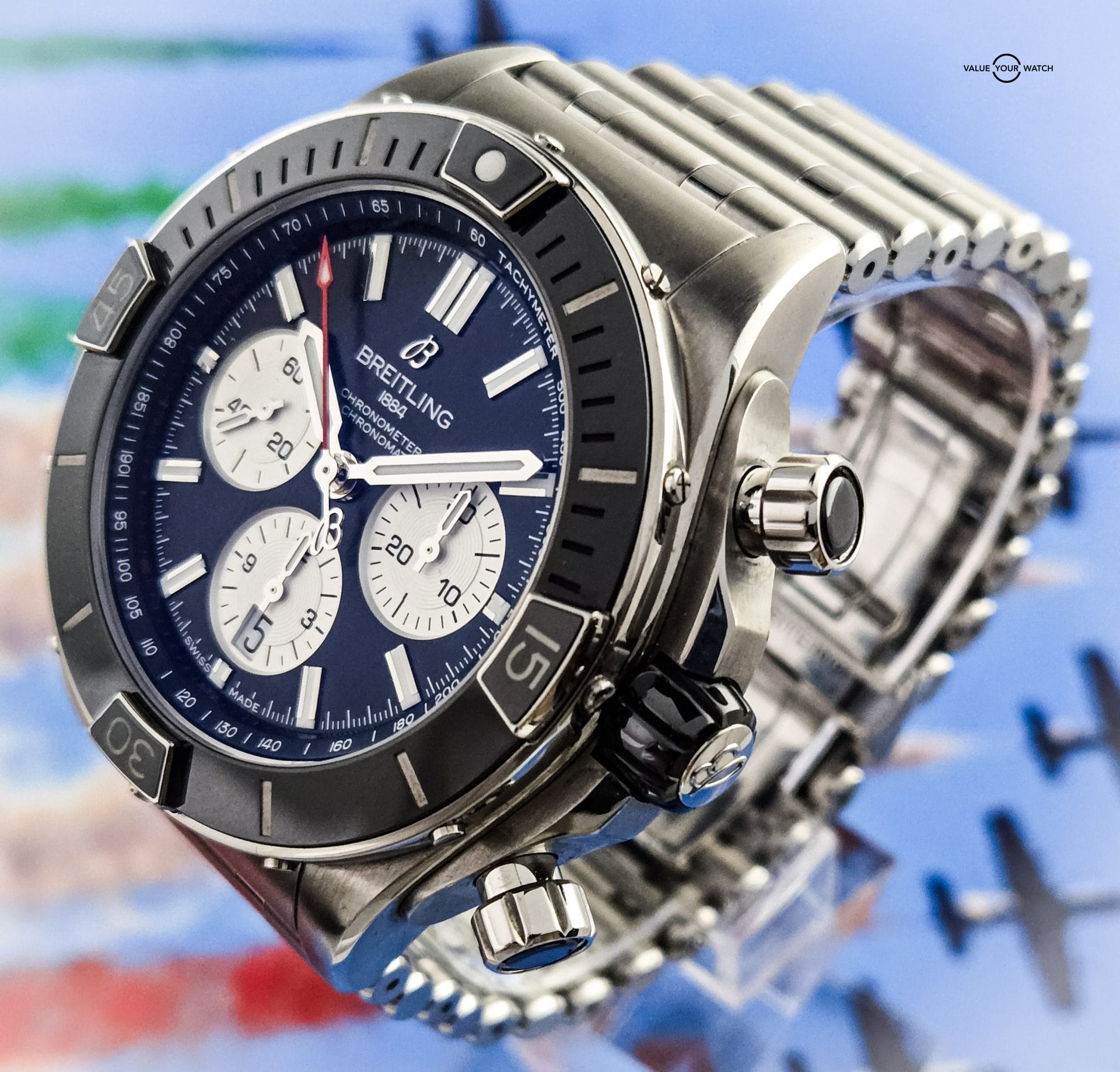 2021 BRIGHTLING Super Chronomat B01 44 Black Dial AB0136 on SS Rouleaux Bracelet w/ Box & Papers - Image 4