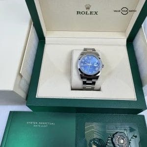 True Unworn 2022 Blue Roman Dial Datejust 41 Steel Box Papers Rolex