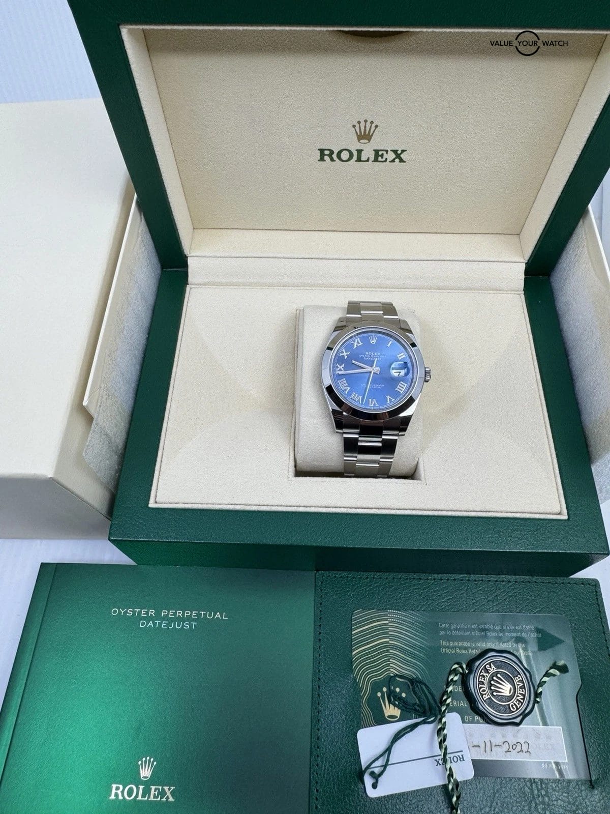 True Unworn 2022 Blue Roman Dial Datejust 41 Steel Box Papers Rolex