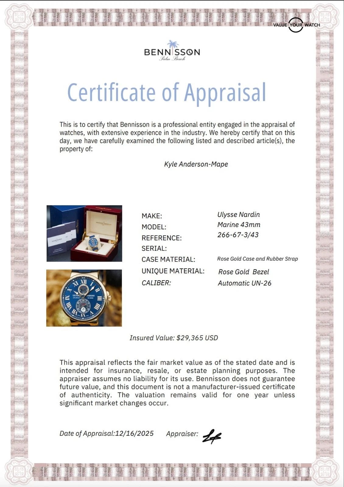 Ulysse Nardin Maxi Marine Chronometer Rose Gold 43mm 266-67-3/43 + Appraisal - Image 2