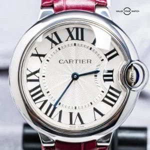 Cartier Ballon Bleu 36mm Silver Dial Purple Strap Steel Quartz Roman W6920087