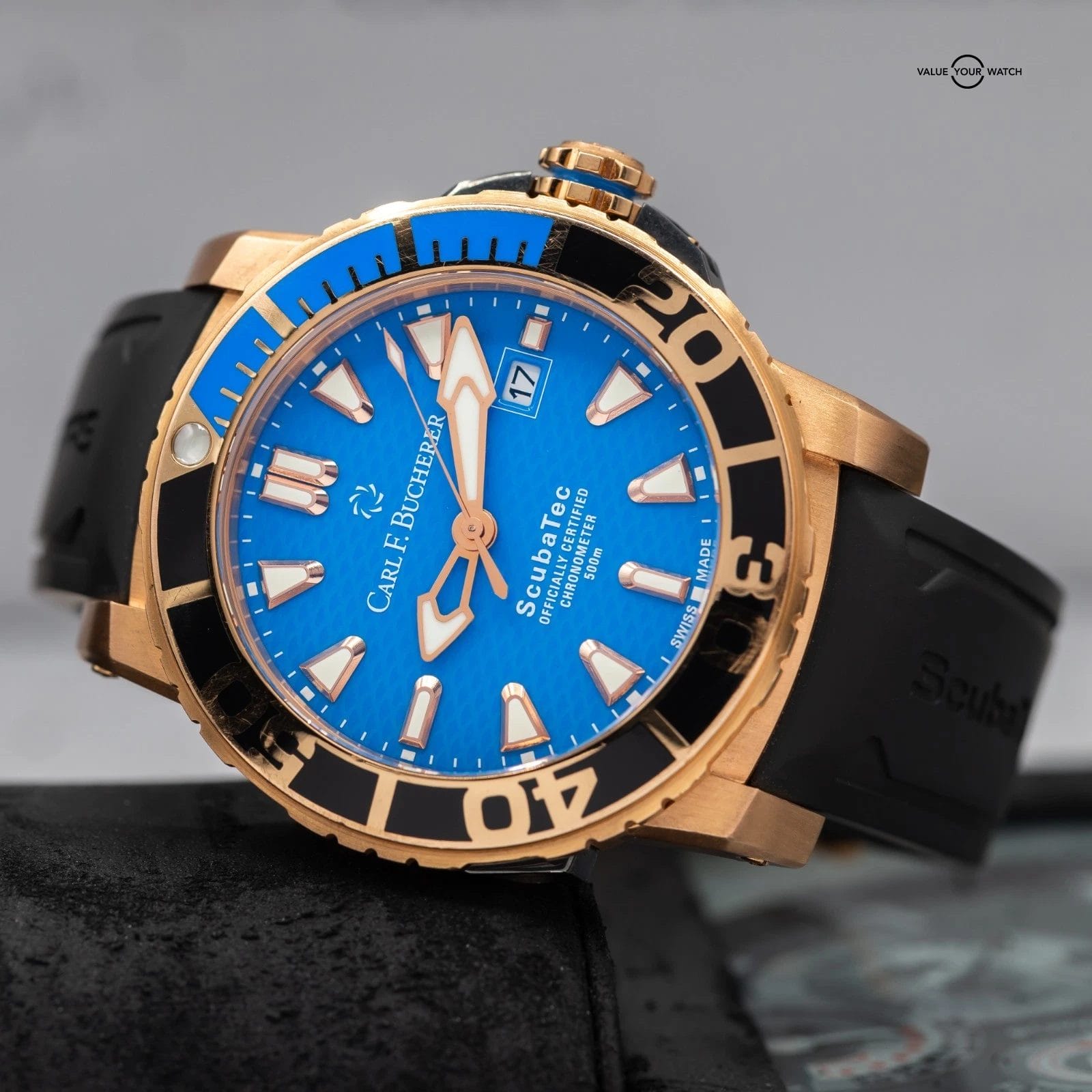 Carl F. Bucherer ScubaTec Patravi Blue dial solid 18k! 207g, 140g GOLD WEIGHT!