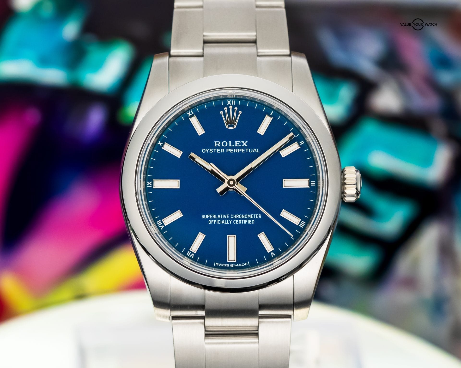 2025 ROLEX Oyster Perpetual 34mm Med Blue Dial – UNWORN BOX & PAPERS – 124200