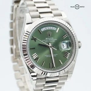 Rolex Day-Date President 228239 40mm OLIVE dial 18K White Gold Box/Papers!