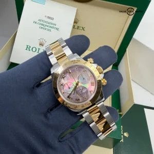 P Serial PAPERS Rolex Daytona Yellow Gold Steel Dark Mother of Pearl Dial 116523