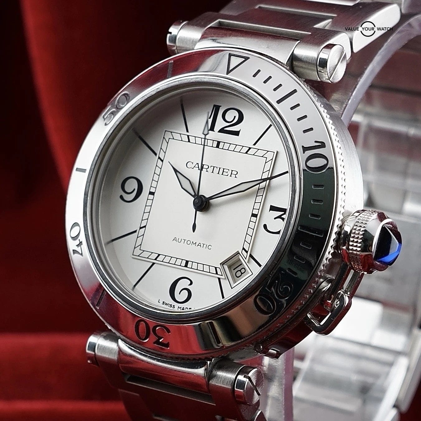 Cartier Pasha 40mm Automatic 2790 White Dial Steel Date Men’s Watch Box Bracelet