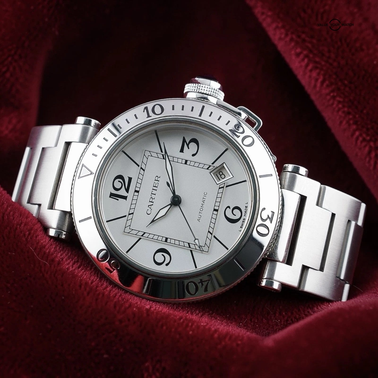 Cartier Pasha 40mm Automatic 2790 White Dial Steel Date Men’s Watch Box Bracelet - Image 3