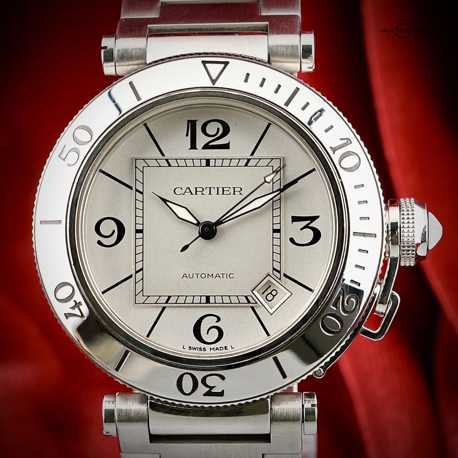 Cartier Pasha 40mm Automatic 2790 White Dial Steel Date Men’s Watch Box Bracelet - Image 4