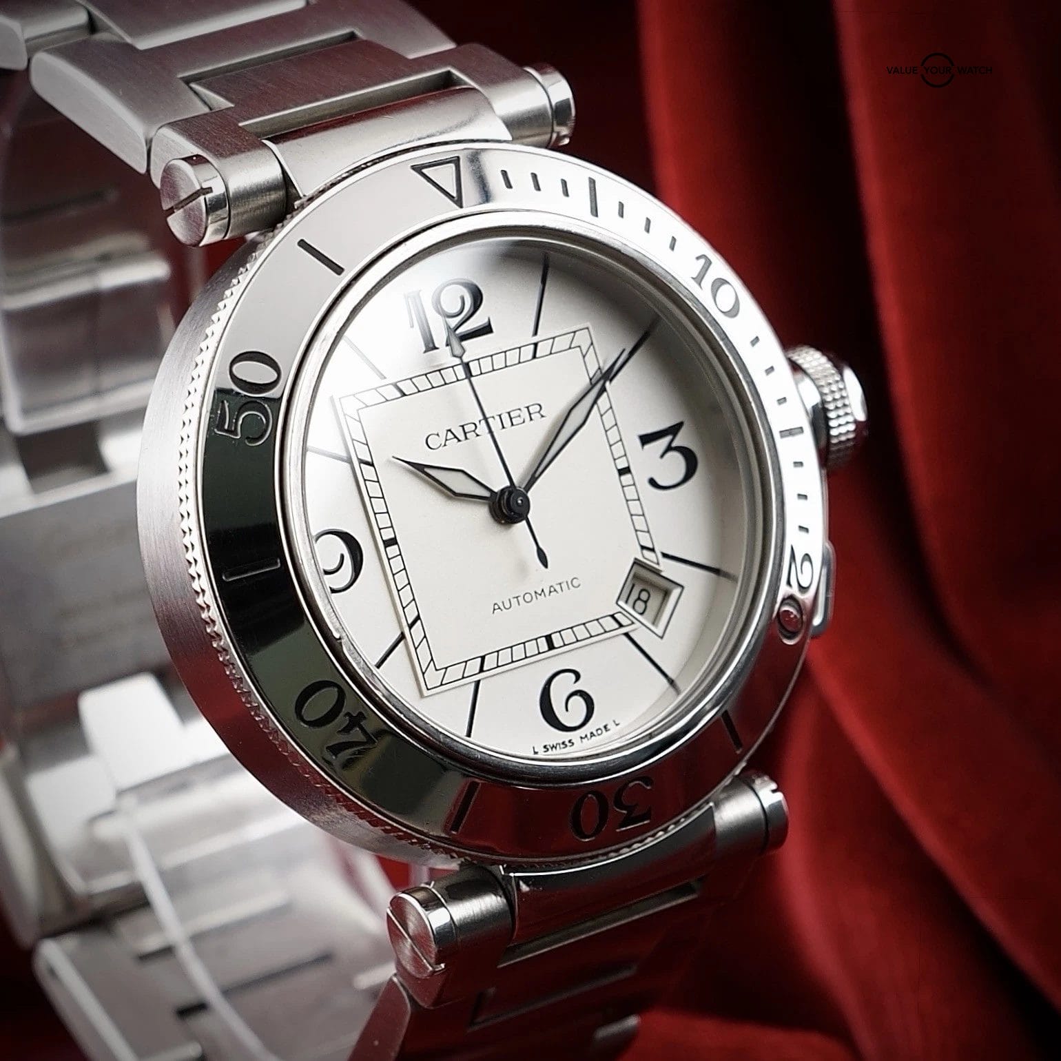 Cartier Pasha 40mm Automatic 2790 White Dial Steel Date Men’s Watch Box Bracelet - Image 5