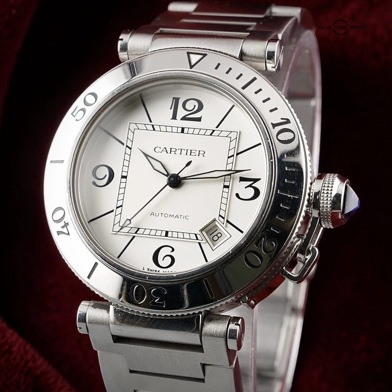 Cartier Pasha 40mm Automatic 2790 White Dial Steel Date Men’s Watch Box Bracelet - Image 11