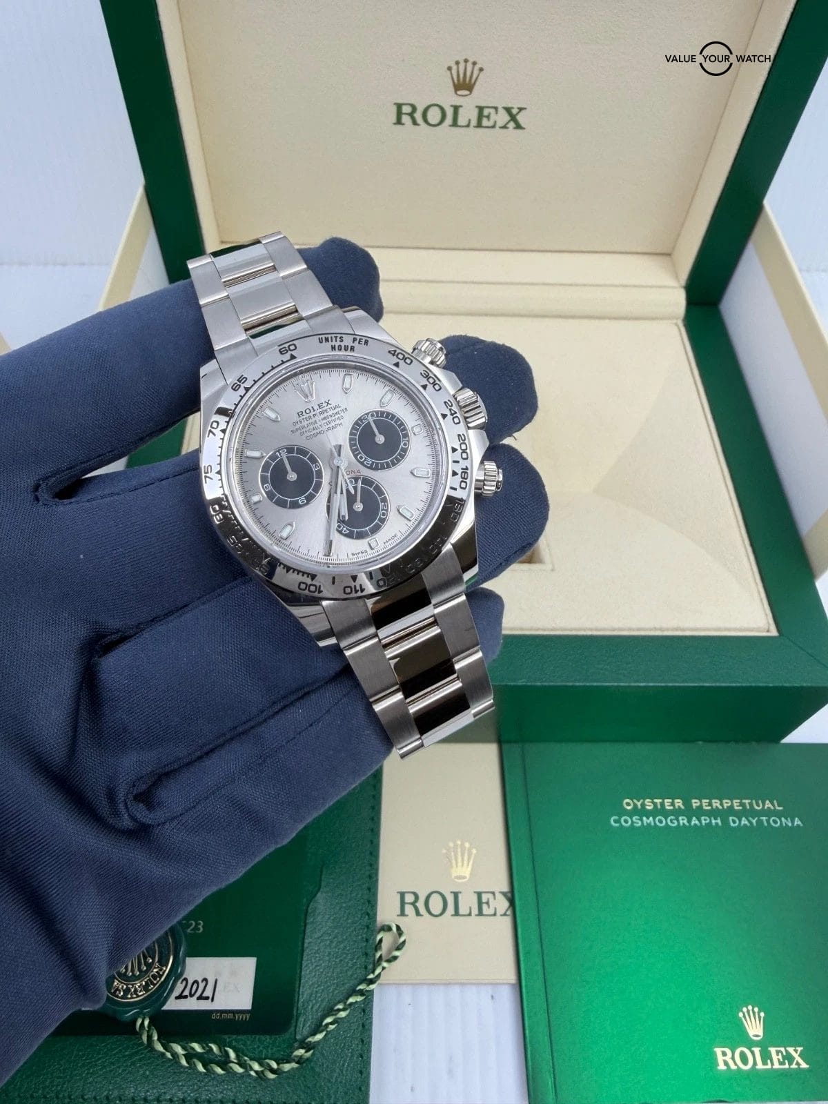 2021 MINT BOX PAPERS Rolex Daytona 18k GHOST White Gold Silver Grey Dial